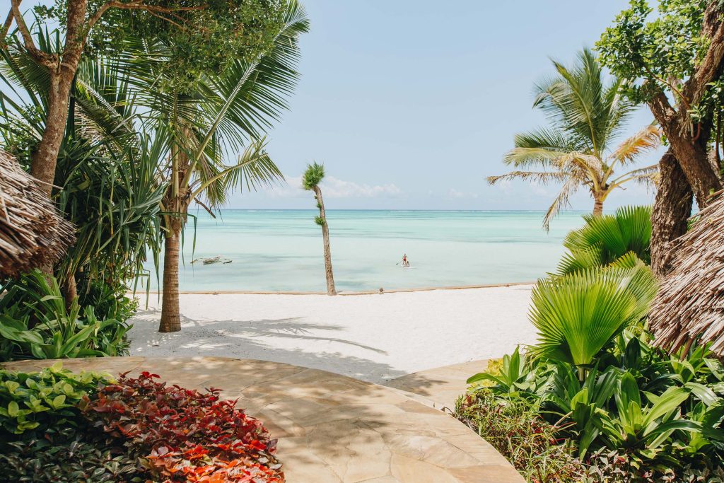 Strand mit weißem Sand, türkisfarbenem Wasser, Palmen und einer Person auf einem Paddleboard in Sansibar