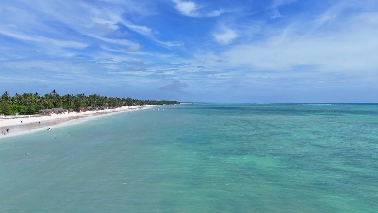 Weitläufiger weißer Sandstrand am Bluebay Beach Resort & Spa mit Palmen und türkisblauem Meer in Sansibar