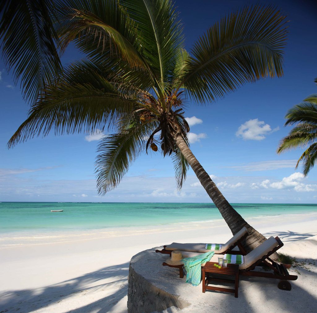Strand mit geneigter Palme über zwei Holzliegen auf Betonstruktur, blauer Himmel und Meer im Hintergrund