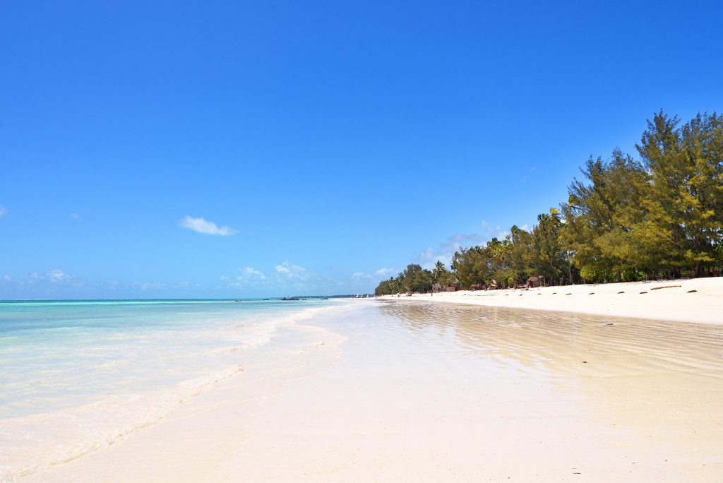 Langer feiner Sandstrand am Melia Zanzibar mit türkisblauem Meer und Baumreihe am rechten Rand