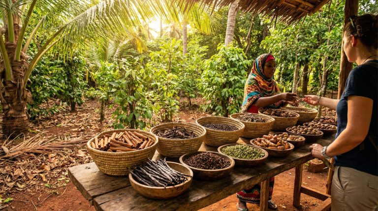 Sansibar-Ausflüge: Besucher probieren Gewürze auf einer Spice-Farm und entdecken einen lebhaften Street-Food-Markt in Stone Town.