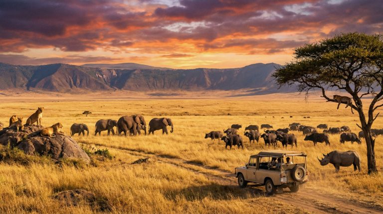 Vergleich Serengeti oder Ngorongoro: Safari-Jeep in weiter Savannenlandschaft und Blick in den grünen Ngorongoro-Krater mit Wildtieren.