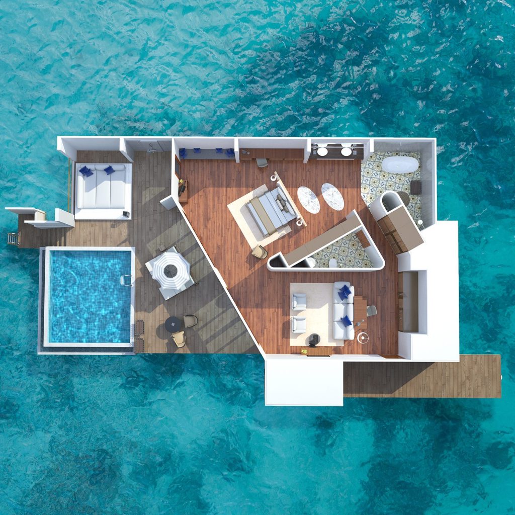 Vogelperspektive auf Lagoon Water Pool Villa mit privatem Holzdeck, Pool, Schlafzimmer und Badezimmer auf den