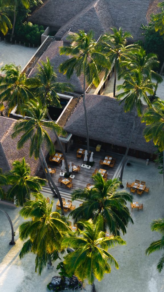Außenbereich des Restaurant Magu bei Ayada Maldives mit Holztischen, Strohdächern und Palmen unter Tageslicht