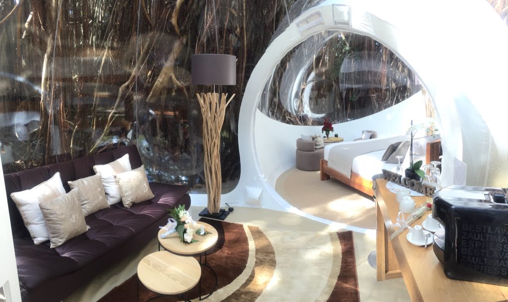 Zimmer der Bubble Lodge Île aux Cerfs mit dunklem Sofa, Stehlampe aus Holz und transparenter Kuppel mit Naturblick