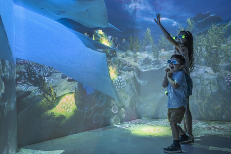 Raum mit Unterwasserprojektionen an Wänden, zwei Kinder mit 3D-Brillen umgeben von blauen und grünen Farben