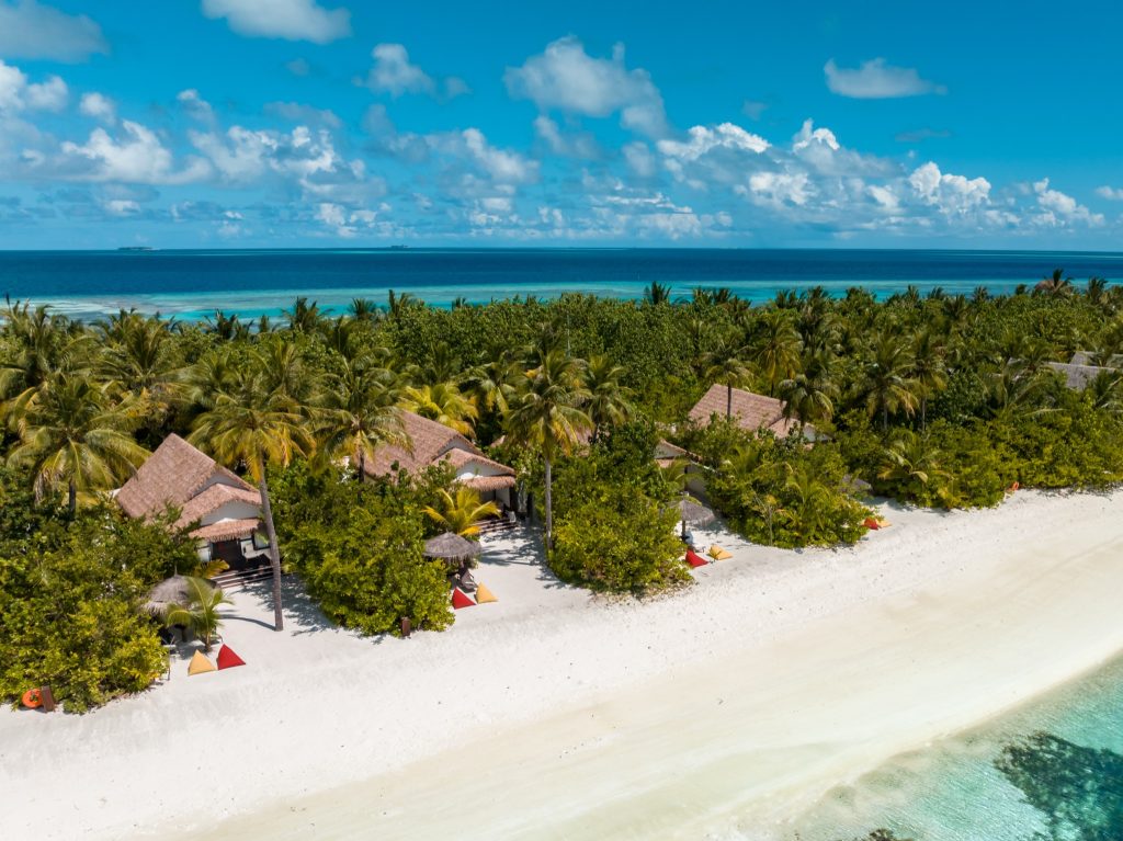 Earth Villa Zimmer mit strohgedecktem Dach und umliegenden Palmen auf Ozen Life Maadhoo Malediven