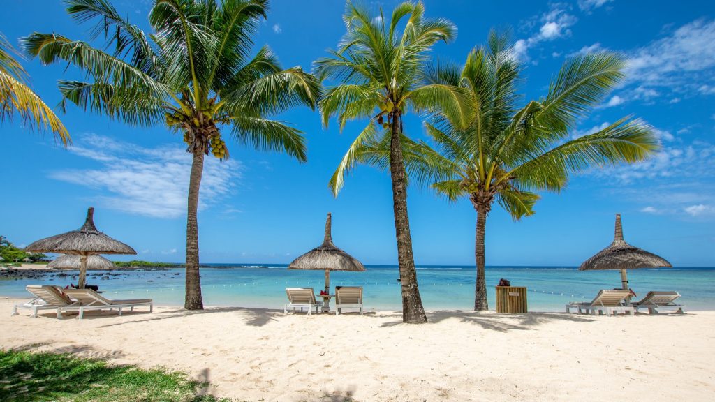 Strandabschnitt mit Palmen, Liegestühlen mit Strohdächern und türkisfarbenem Meer im Shanti Maurice Resort & Spa