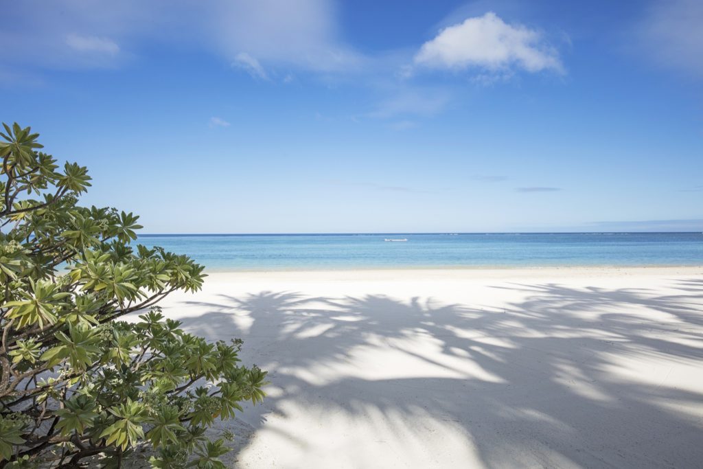 Weißer Sandstrand mit grünen Blättern im Vordergrund, türkisfarbenes Meer und blauer Himmel mit Wolken