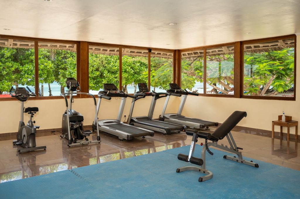Fitnessraum mit Laufbändern, stationärem Fahrrad und Hantelbank vor tropischer Landschaft und Meerblick