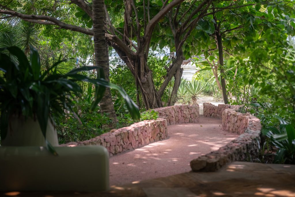 Gartenpfad bei Xanadu Villas in Sansibar mit rosa Steinen und umgeben von grünen Bäumen und Palmen