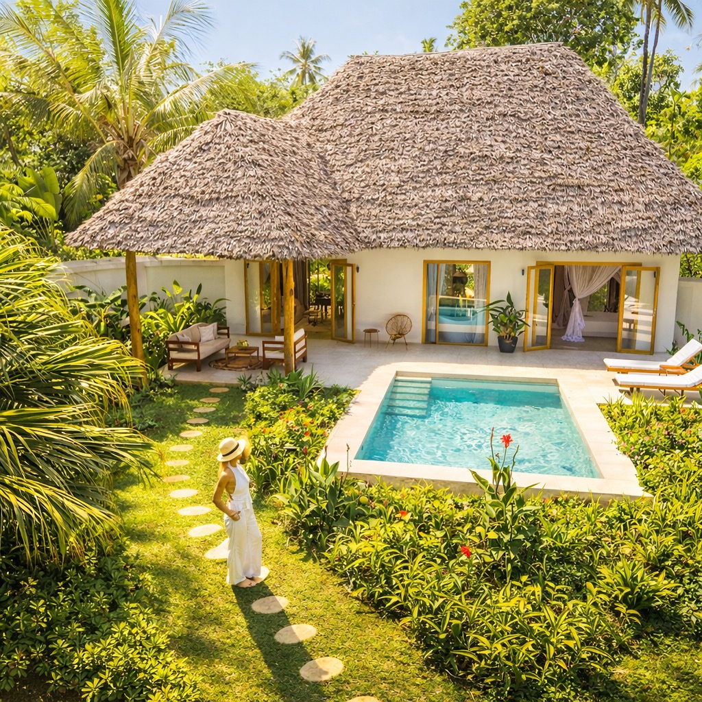 Bungalow mit Strohdach, Pool mit weißen Steinplatten und tropischer Vegetation im Zanzi Resort Sansibar