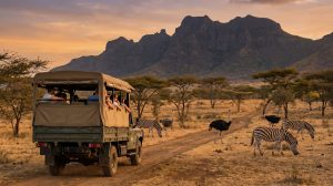 Safari-Fahrzeug fährt mit Reisenden durch Savanne, Zebras und Strauße grasen nahe, Berge und Bäume im Hintergrund