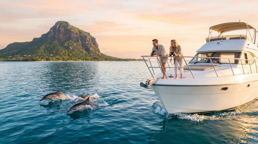 Speedboat mit Delfinen vor dem Le Morne Brabant an der Westküste von Mauritius
