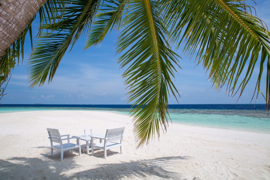 weißer Sandstrand mit weißem Holztisch und Stühlen, grüne Palme im Vordergrund, blauer Ozean im Hintergrund
