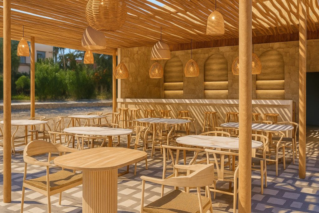 Außenliegende Hotelterrasse der Bar Baraka Beach mit Holztischen, Korblampen und Steinwand in Sansibar