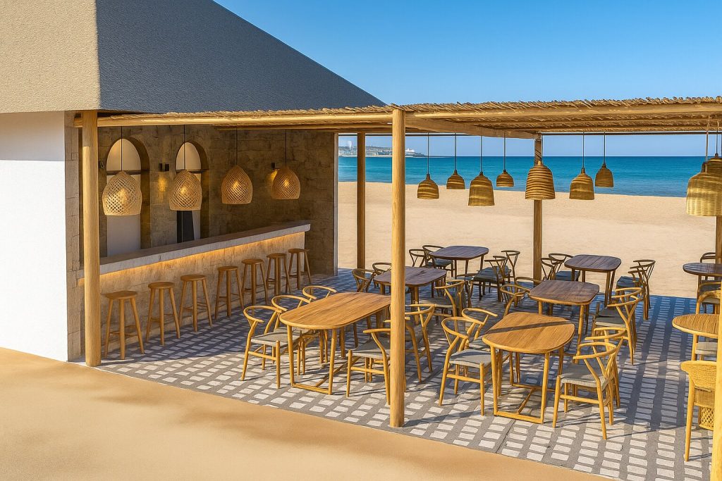Außenbar Baraka Beach mit hellem Holz, Rattanlampen und blauen gemusterten Fliesen am Strand von Sansibar