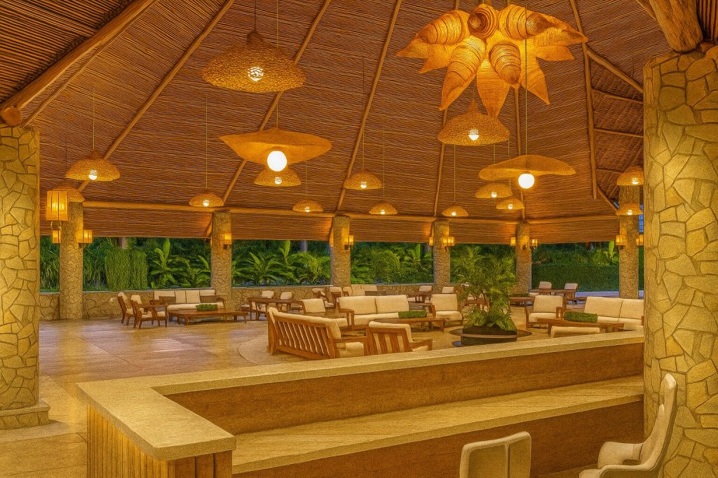 Offener Hotelpavillon mit konischem Strohdach, Natursteinsäulen, Holzmöbeln und gelbem Hängelicht in Sansibar