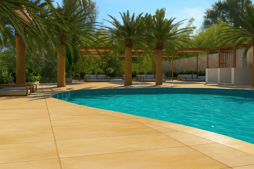 Moderne Hotelterrasse mit geschwungenem Pool, großen Palmen und Sitzbereichen unter hölzernen Pergolen
