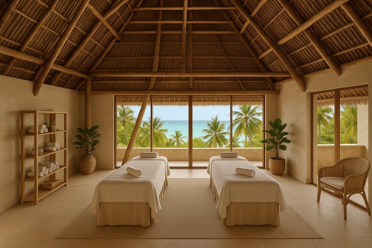 Spa-Raum im Jaz Amaluna mit zwei Massageliegen, Holzdecke, Handtuchregal und Meerblick durch große Fenster