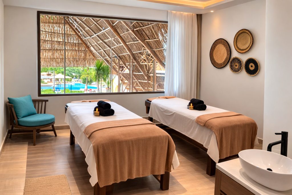 Spa-Raum im Jaz Amaluna mit zwei Massageliegen, weißen Tüchern, Wanddekor und Blick auf Holzüberdachung und Vegetation