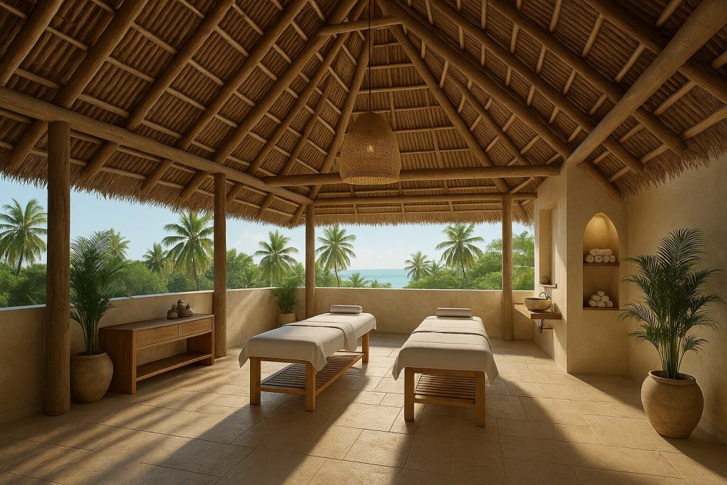 Offener Wellnessraum im Jaz Amaluna mit zwei Massageliegen, Holzdach, Palmen und Meer im Hintergrund