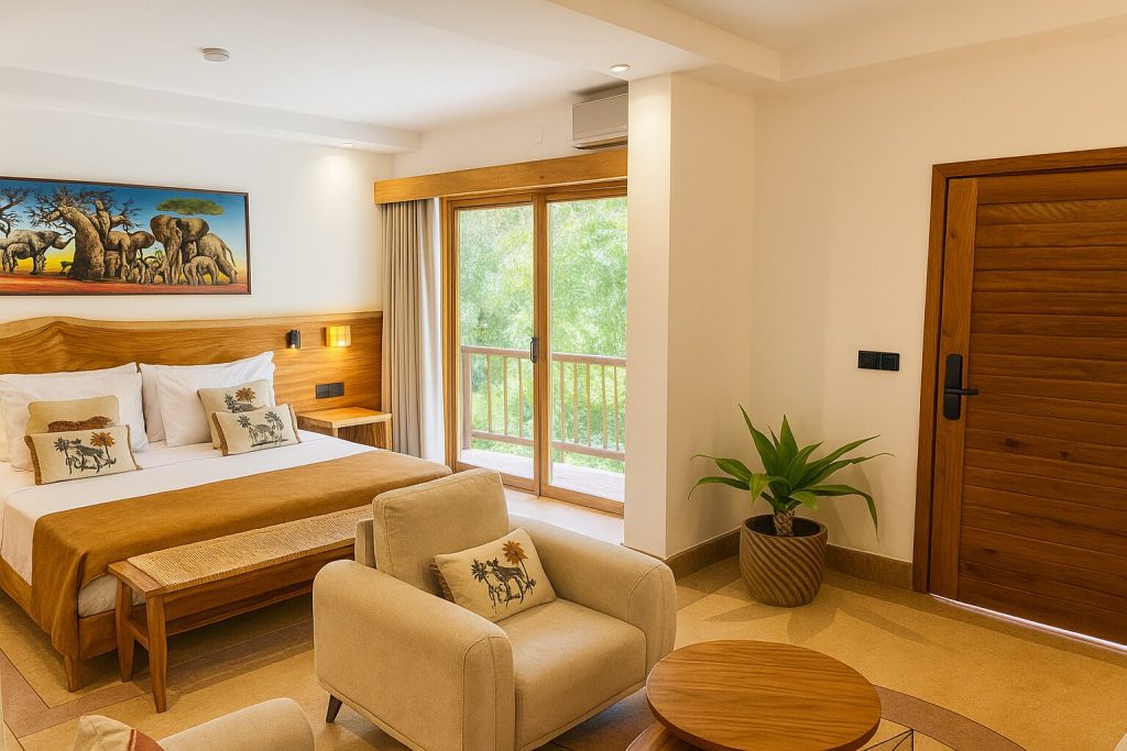 Modernes Deluxe Room Zimmer im Jaz Amaluna mit großem Bett, Elefantenbild, Holzmöbeln und Tageslicht