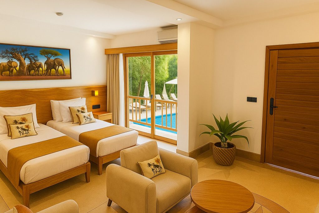 Hotelzimmer im Jaz Amaluna Deluxe Room mit zwei Einzelbetten, Holzmöbeln und großer Glasschiebetür zum Pool