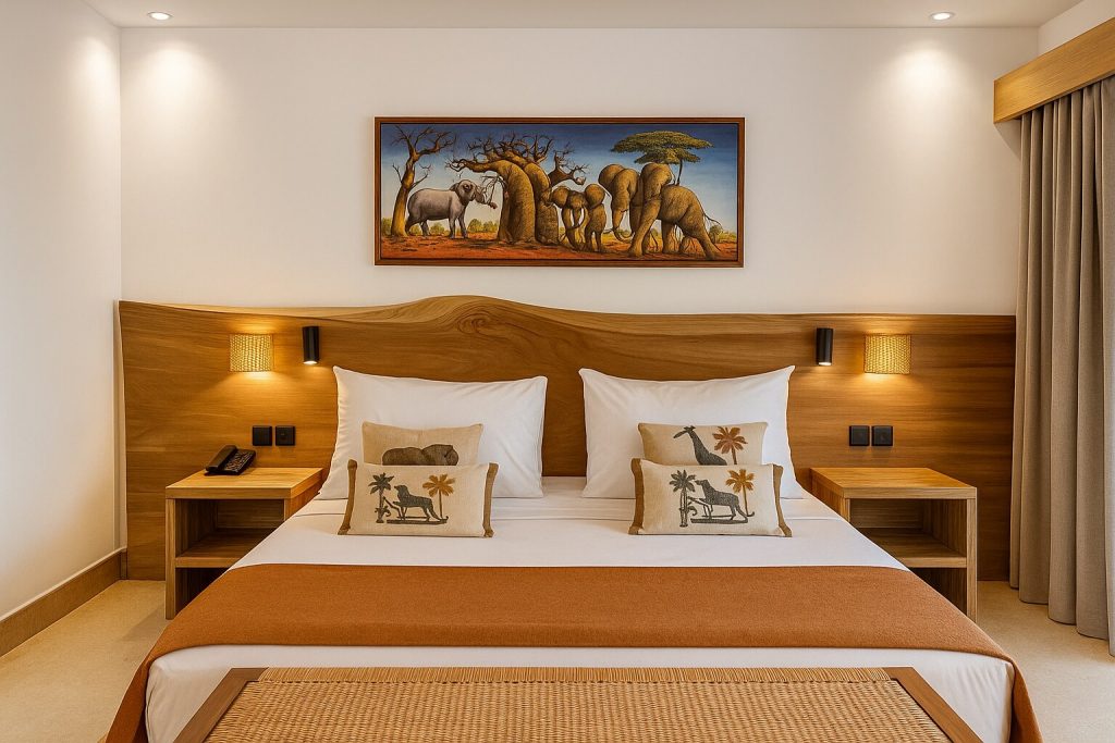 Modern eingerichtetes Deluxe Room im Jaz Amaluna mit Doppelbett, hellem Holz und afrikanischer Wanddekoration