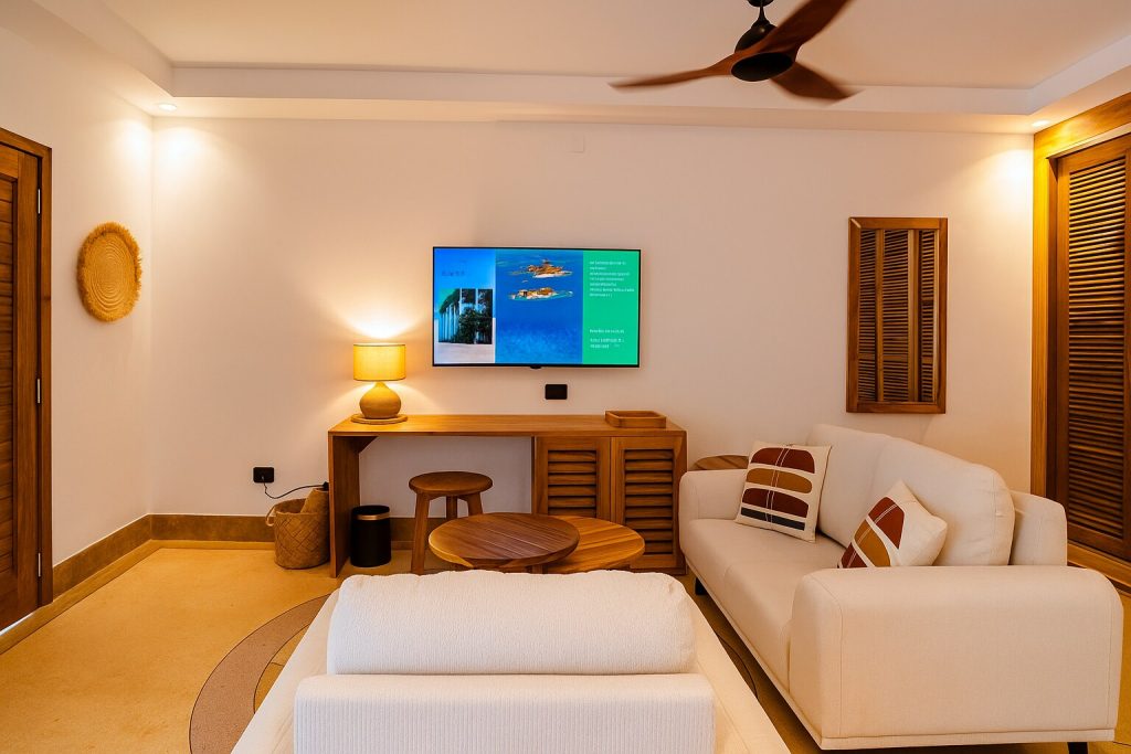 Deluxe Room im Jaz Amaluna mit zwei beigefarbenen Sofas, Holztisch, Hocker und Bildschirm an der Wand