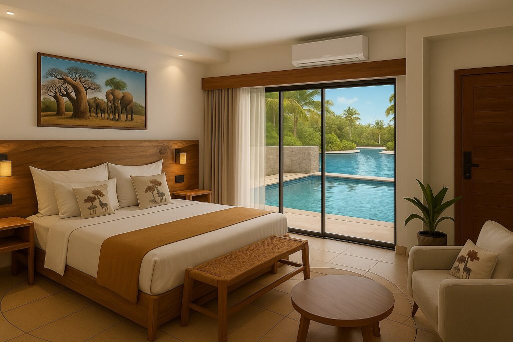 Modernes Hotelzimmer Jaz Amaluna Executive Suite Swim Up mit Doppelbett, Holzdetails und Blick auf Pool durch große Glasfront
