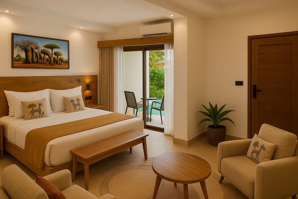 Modernes Premium Deluxe Zimmer im Jaz Amaluna mit Doppelbett, Holzmöbeln, Terrasse und Tageslicht in Sansibar