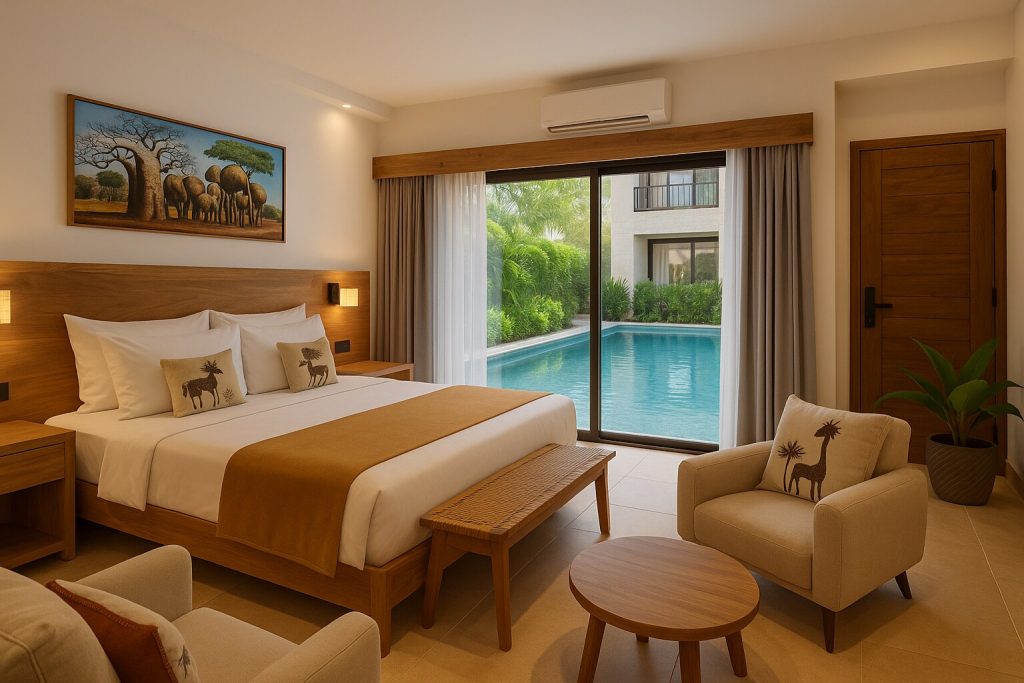 Modernes Premium Deluxe Zimmer im Jaz Amaluna mit großem Bett, Elefantenbild, hellen Holzmöbeln und Blick auf Außenpool