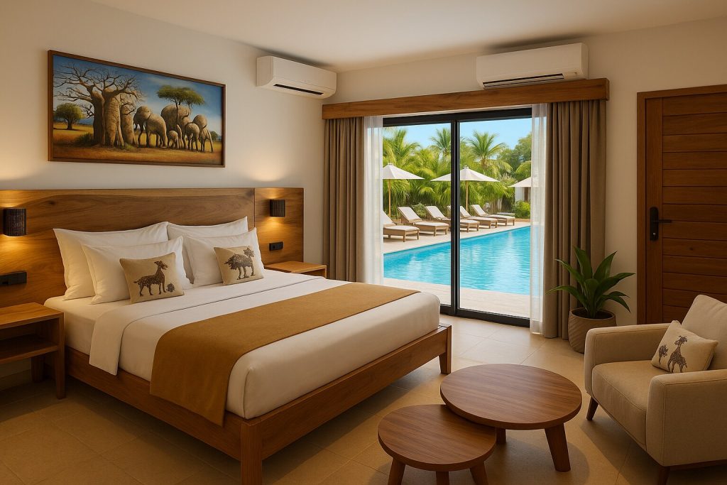 Superior Room im Jaz Amaluna mit großem Bett, Holzmöbeln, afrikanischem Bild und Blick auf Pool und Palmen