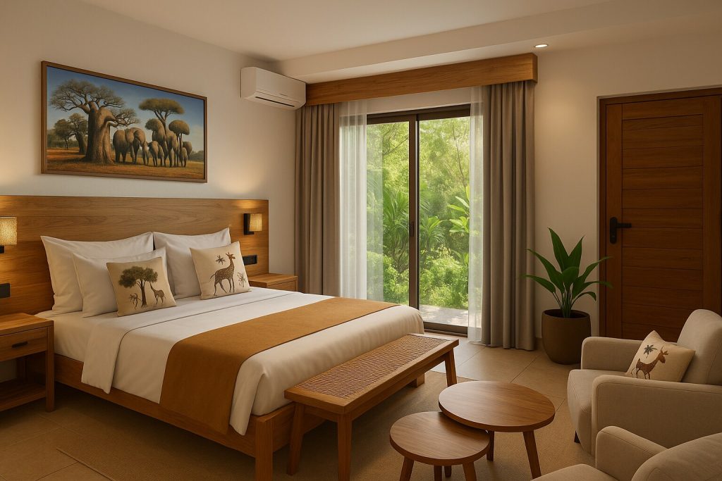Superior Room im Jaz Amaluna mit großem Doppelbett, weißen Bettwäsche, Holzmöbeln und Fenster mit Grünblick