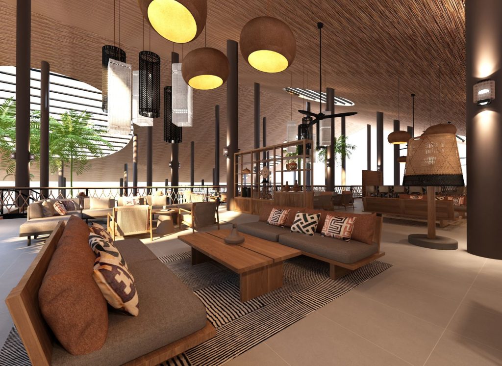 Offene Hotellobby Bar Luma im JAZ Elite Aurora mit Holzdecke, Sofas, Tischen, Pflanzen und großen Fenstern