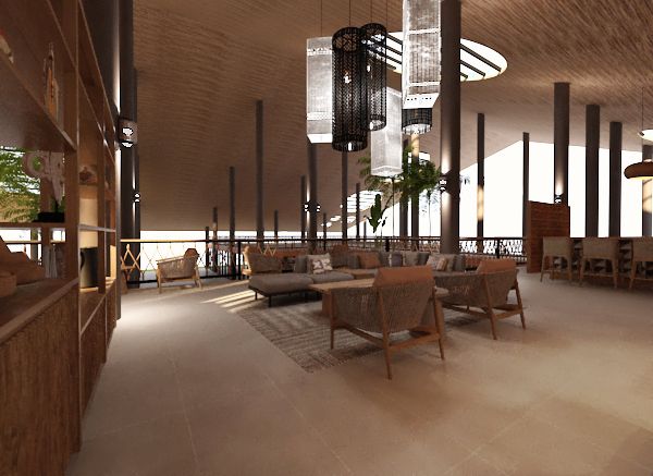Geräumige Hotel-Lounge Bar Luma mit gewölbtem Holz-Dach, Rattanstühlen, Couchtischen und großen schwarzen Leuchten