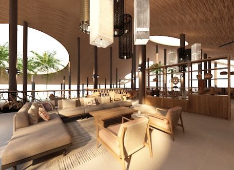 Offene Lounge der Bar Luma im JAZ Elite Aurora mit hellbraunen Sofas, Holztischen und großen Deckenöffnungen