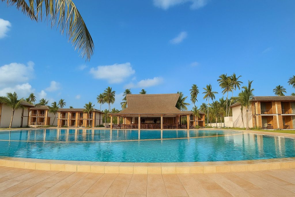 Restaurant Mwamba Grill im JAZ Elite Aurora Sansibar mit Holzgebäuden und großem Pool unter blauem Himmel