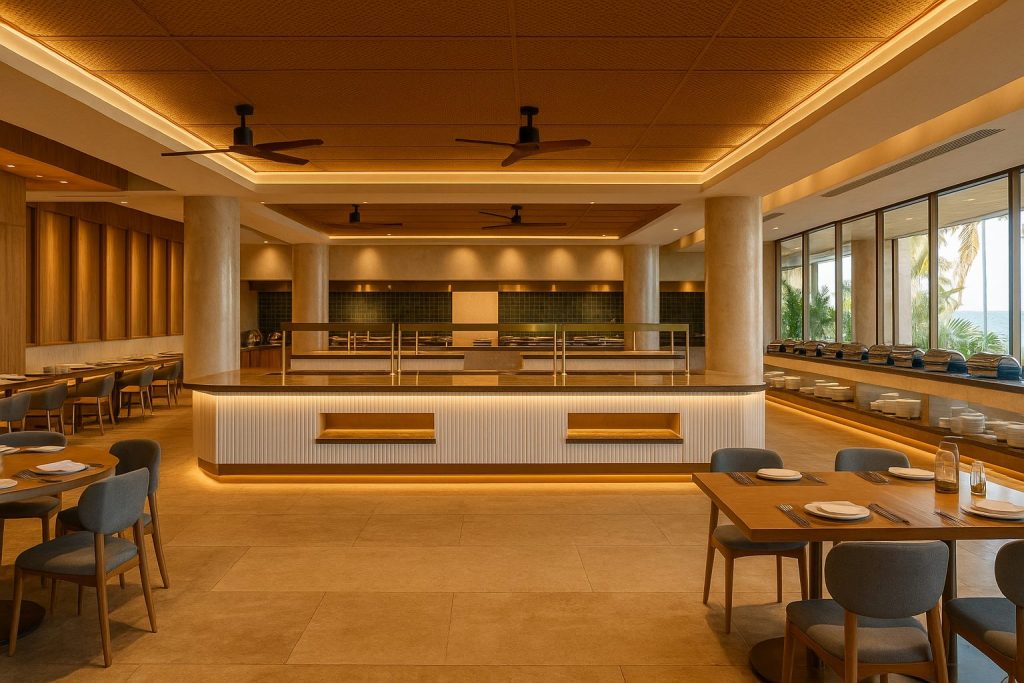 Moderner offener Restaurantbereich Zaafarani mit Holztischen, steinernen Flächen und großen Fenstern bei Tageslicht