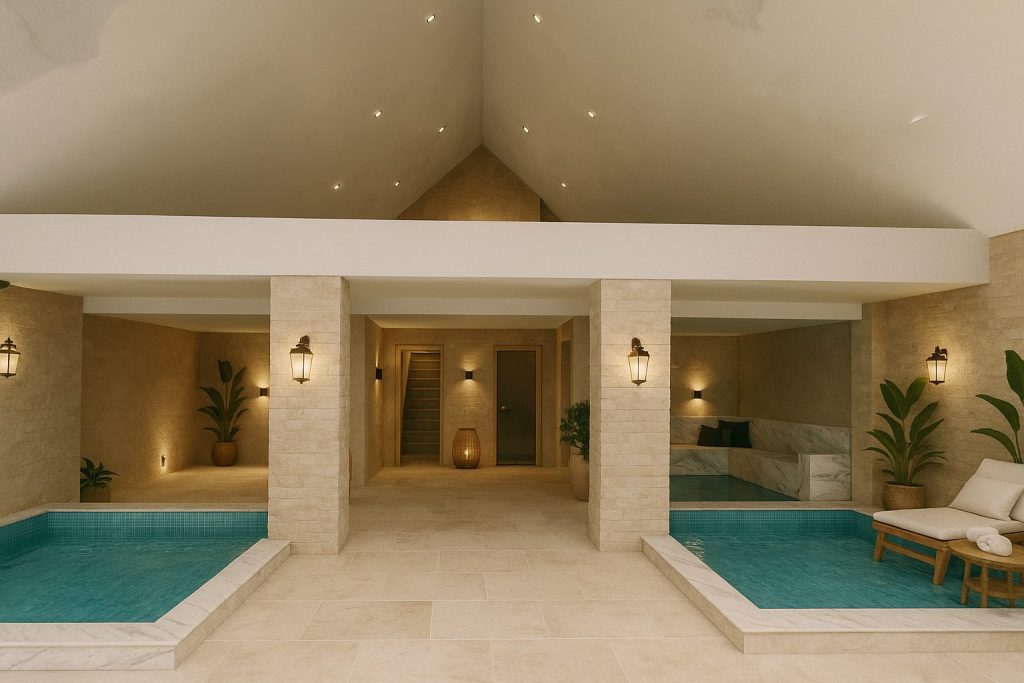 Indoor-Wellnessbereich im JAZ Elite Aurora mit zwei kleinen Pools, cremefarbenen Steinwänden