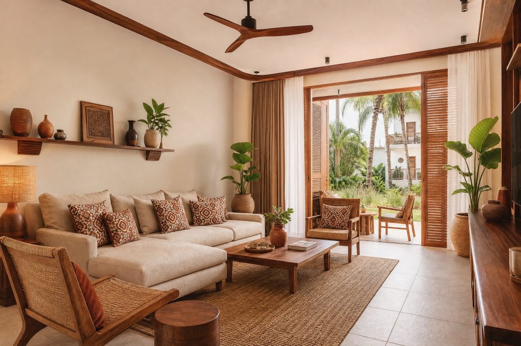Hotelwohnraum der Private Villa im JAZ Elite Aurora mit cremefarbenem Sofa, Holzmöbeln und Zugang zur Terrasse