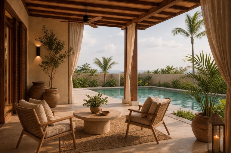 Terrasse der Private Villa im JAZ Elite Aurora mit Holzsesseln, Steintisch, Pool und tropischer Vegetation