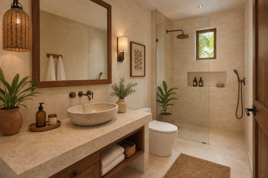 Badezimmer mit großem Holzrahmenspiegel, steinerner ovaler Waschschale und Glasdusche in der Private Villa