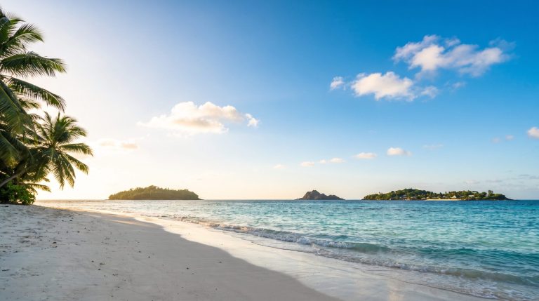 Sonniger tropischer Traumstrand im Indischen Ozean mit türkisem Wasser und blauem Himmel für den Winterurlaub von Dezember bis März