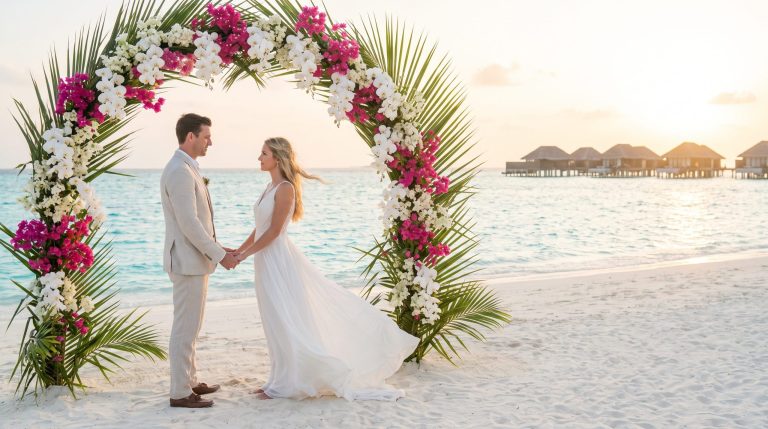 Brautpaar bei symbolischer Zeremonie unter Blumenbogen am weissen Sandstrand der Malediven