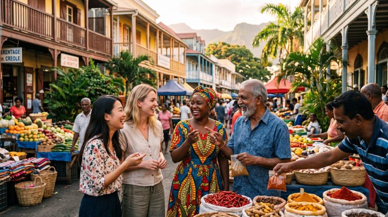 Menschen verschiedener Herkunft im Gespraech auf einem bunten Markt in Port Louis, Mauritius