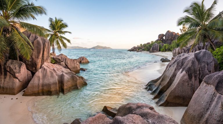 Rosa-graue Granitformationen und tuerkises Wasser am Strand Anse Source d'Argent auf La Digue, Seychellen