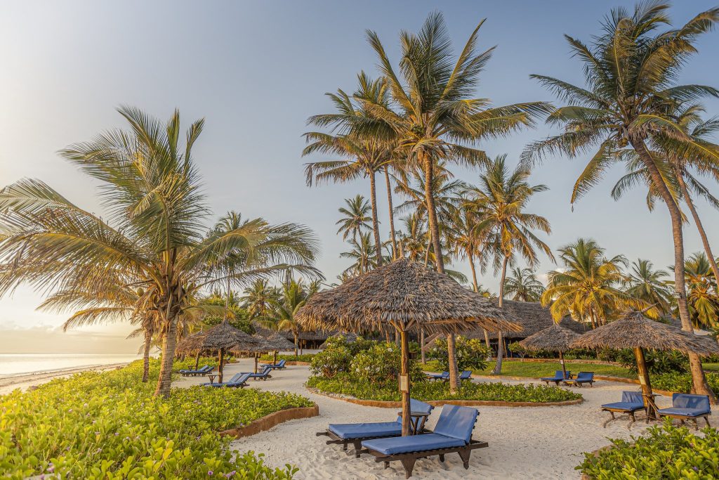 Tropischer Strand mit blauen Liegestühlen unter Strohdächern, hellem Sand und hohen Palmen im Hintergrund