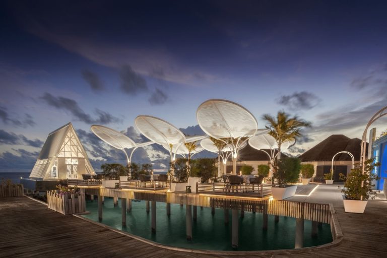 Holzsteg und weiße blattförmige Überdachungen bei Restaurant Olives & Vines im Furaveri Maldives nachts